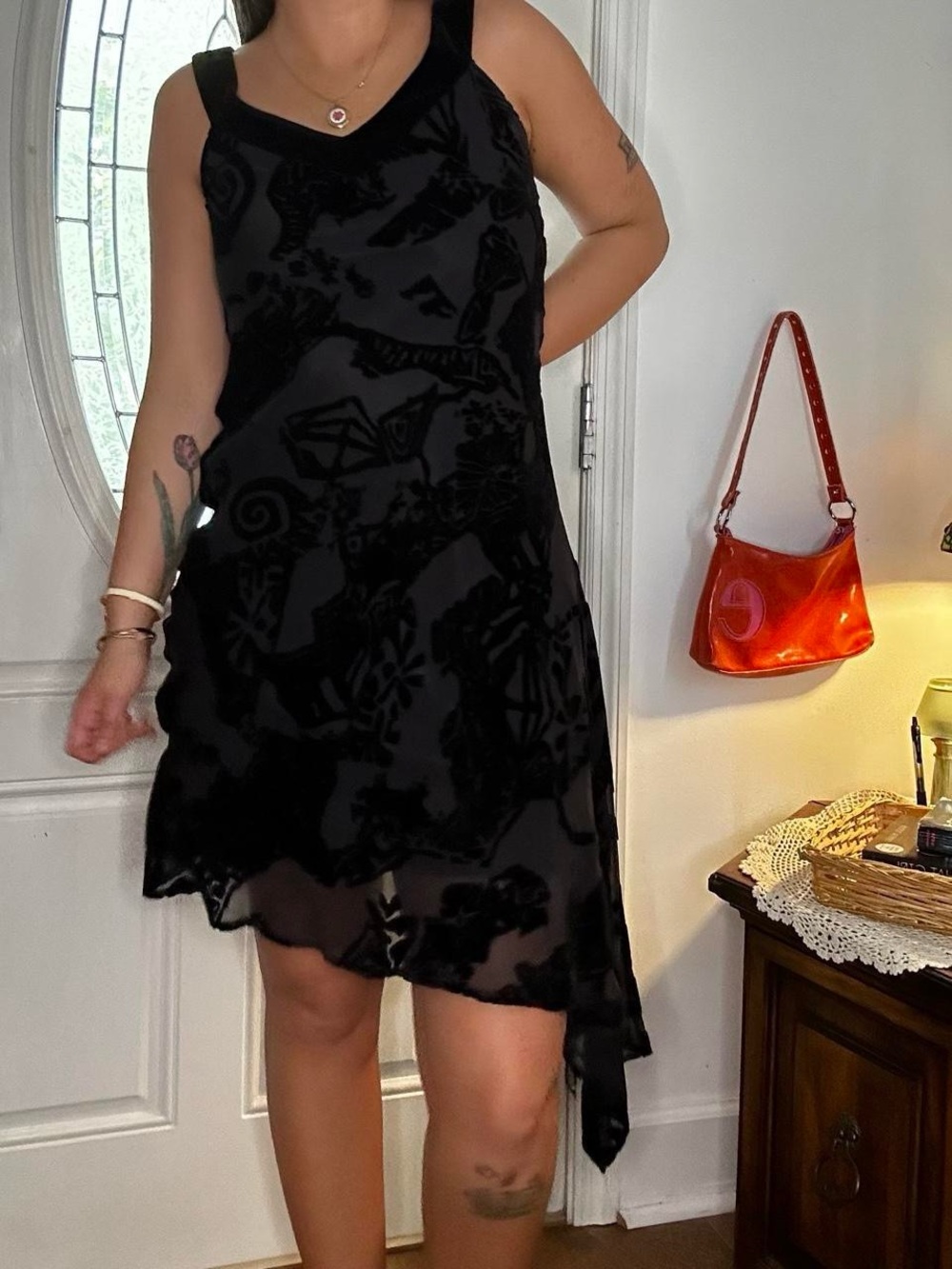 Black Floral Velvet Burnout V-Neck Slip Silk Dress - Women - Picture 2 of 8